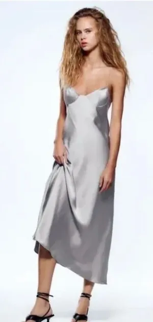 Zara Silver Satin Effect Cut Out Back Midi Dress thumbnail 1