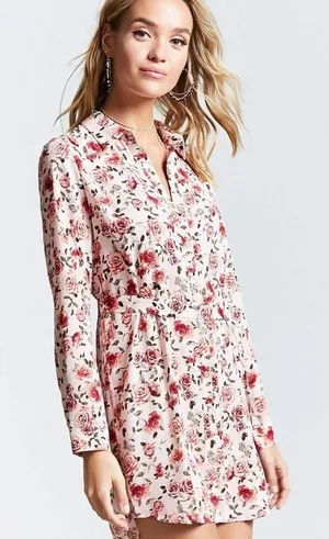 Women's‎ Button Down Shirt Dress Light Pink Rose Floral Belted Long Sleeve Roll thumbnail 1