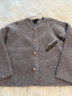Tahari Gray Fuzzy Cardigan with Gold Buttons size M length 23” bust 36” new thumbnail 7