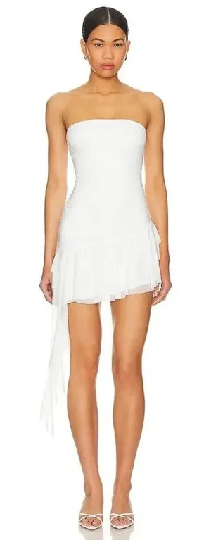 MAJORELLE Clara Ruffle Hem Strapless Mini Dress in White Bridal Medium NWT thumbnail 1