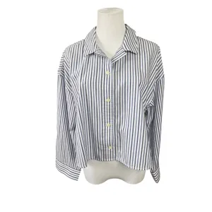 Everlane The Woven PJ Top Cropped Pajama Shirt‎ SMALL Blue Striped Cotton Boxy thumbnail 2