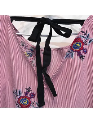Nine West Red and White Striped Floral Embroidered Bell Sleeve Blouse Size XL thumbnail 7