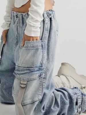 Free People We The Free Hazel Pull On Drop Waist Harem Cargo Pocket Jeans Sz Small thumbnail 4