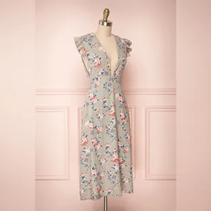 NWT Storia Linen Blend Floral Midi Dress Sage Green Pink V-Neck Size Medium thumbnail 4