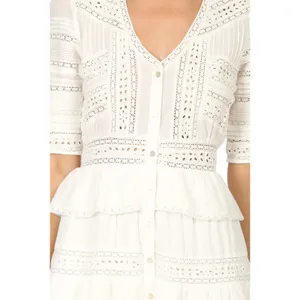 LoveShackFancy Rebecca 100% Cotton White Lace Embroidered Tiered Midi Dress thumbnail 2
