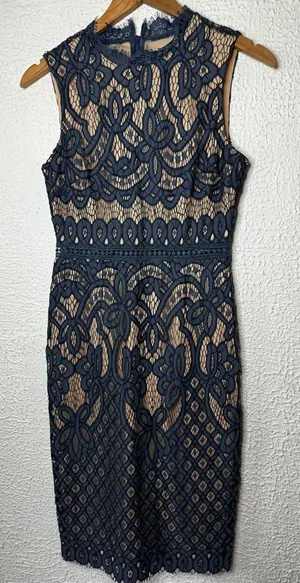 Lulu's Lovely Dusty Blue Lace Midi Dress with Nude Lining thumbnail 1