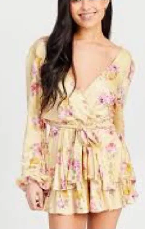 Altard State Floral Yellow Wrap Romper with Tie Waist thumbnail 1