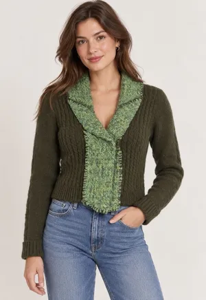 Guinevere Anthropologie Women's S Green Cable Knit Wool Blend Cardigan Sweater thumbnail 1