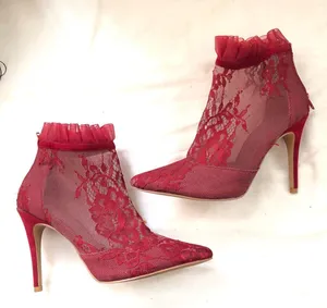 Red mesh high heel ankle 4” stiletto heels boots booties lace detail and ruffle trim - US Women 7.5 Very comfortable & sturdy to walk #whimsygoth #grunge #romantic #coquette thumbnail 3