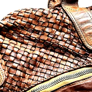 Bruno Magli Brown Woven Leather Duffle Satchel Travel Bag Made Italy Y2K thumbnail 15