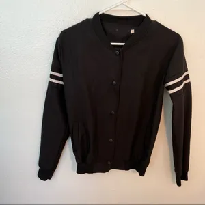 Women's Size Medium Stand Collar‎ Buttons Crop Coat Black White Long Sleeve Snap thumbnail 3
