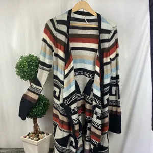Free People Multi Color Aztec Tribal Print Knit Open Front Duster Sweater M thumbnail 3
