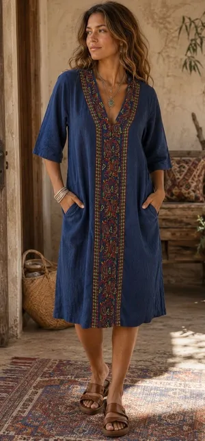 Go Softly Patio Boho Dress Womens Medium Blue Chambray Embroidered with Pockets thumbnail 1