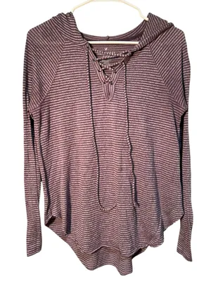American Eagle Women's Size Medium Soft & Sexy Plush Hoodie Purple Gray‎ Stripes thumbnail 1