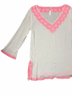 Andree Blue Boho Gauze Swim Cover Up Neon Pink Lace Crochet Trim Tunic S thumbnail 4