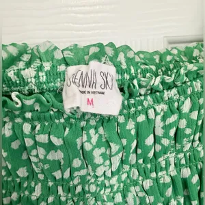 Sienna Sky Green Off the Shoulder Cottage Smocked Babydoll Mini Dress Speckled - Medium thumbnail 3