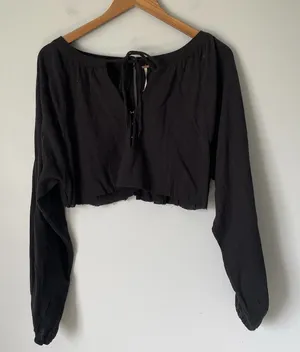 Free People Cropped Blouse Top Boho Cottagecore Black Women's Size XS thumbnail 1