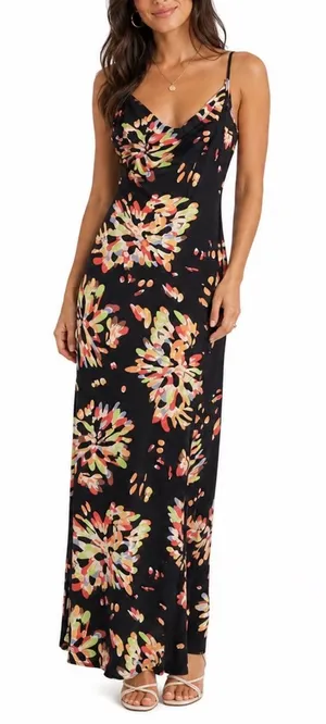 Black Floral Burst Cowl Neck Maxi Dress Sleeveless Spaghetti Strap Large thumbnail 1
