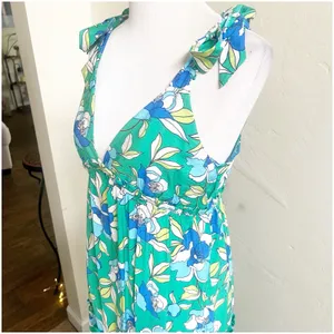 Monteau Los Angeles Floral Tiered Maxi Dress Green Size Large V-Neck Bohemian thumbnail 14