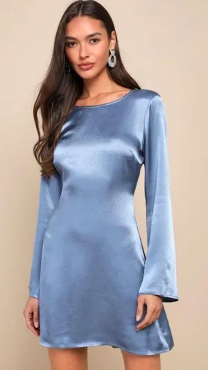 Lulu’s satin blue long sleeve dress thumbnail 1