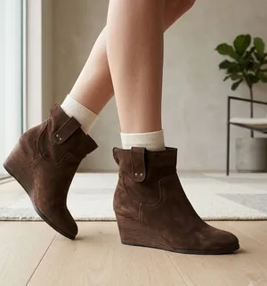 Lucky Brand Gennee brown Suede Wedge Pull On Ankle Booties almond toe Size 8.5 thumbnail 1