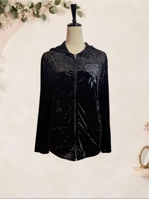 Big Bang USA Black Crushed Velvet Embroidered Zip Hoodie Large Y2K thumbnail 3