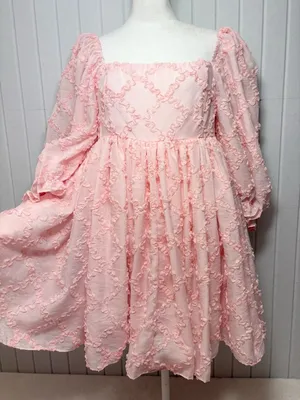 Mable Ribbon Textured Puff Sleeve Babydoll Mini Dress In Baby Pink‎ Size M thumbnail 16