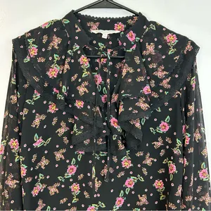 Rebecca Minkoff Devy Black/Pink Floral Ruffle Bell Sleeve Blouse Size Small thumbnail 5