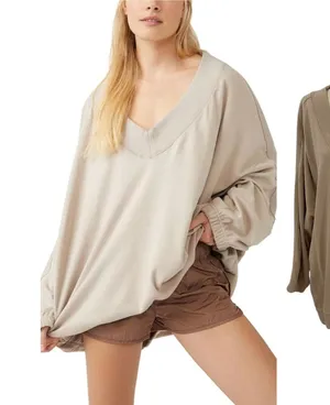 Free People Key Player Layer Sweatshirt Doe Oversized‎ V Neck Tunic Top Medium thumbnail 1