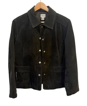 Vintage Chicos Suede Leather Jacket Large 2 Chore Pockets 90s Grunge Indie Black thumbnail 1