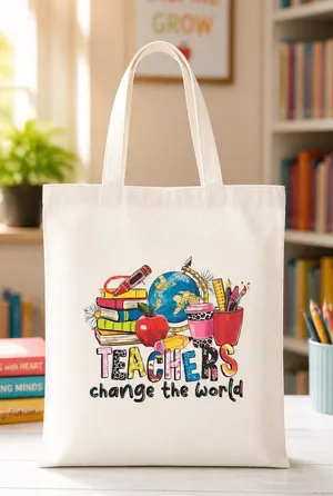 Teachers Change the World Canvas Tote - Cream with Colorful Print thumbnail 1