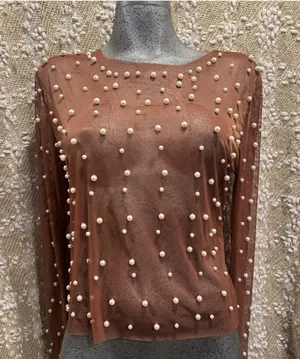 cropped top with pearls and long sleeves; pearl-embellished Sz L thumbnail 1