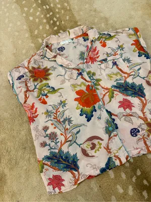Powell Craft Floral Cotton Pajama Top M/L Pink Botanical Short Sleeve Button Up thumbnail 4