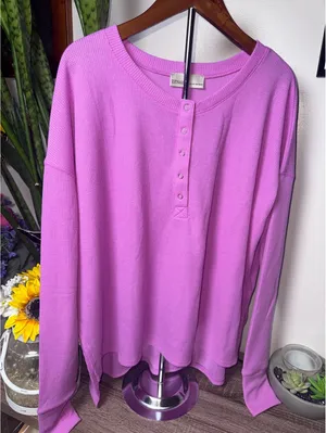 Zenana Long Sleeve Waffle Henley with Thumb Holes, Bright Mauve, Size Medium thumbnail 1