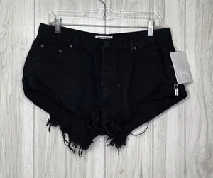 NEW One Teaspoon Bandits Relaxed Fit Twisted Cuff Hem Shorts Black Panther 29 thumbnail 1