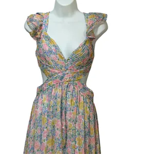 ASTR The Label Floral Cutout Maxi Dress Pink Blue Pleated Lace Up Back Small thumbnail 6