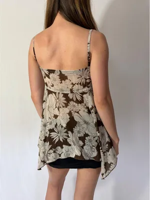 Brown Floral Babydoll Silky Ruffle Y2K Fairy Top thumbnail 4