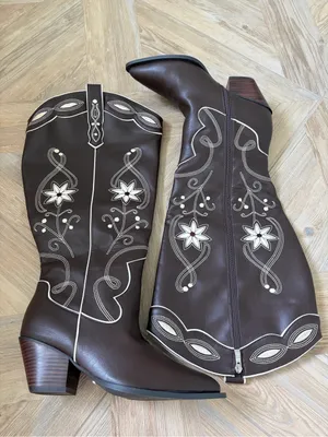 Billini Aviva Wide Calf Boots Brown Ivory Size 10 W Embroidered Western Romantic thumbnail 1