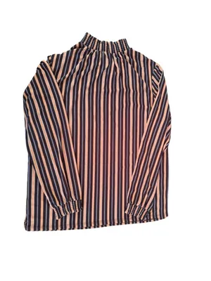 Anne Klein Striped Long Sleeve Top Large Black Tan White Elastic Neckline thumbnail 2