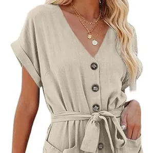 H&M Beige Linen Blend V Neck Button Front Jumpsuit Romper Size XL thumbnail 3