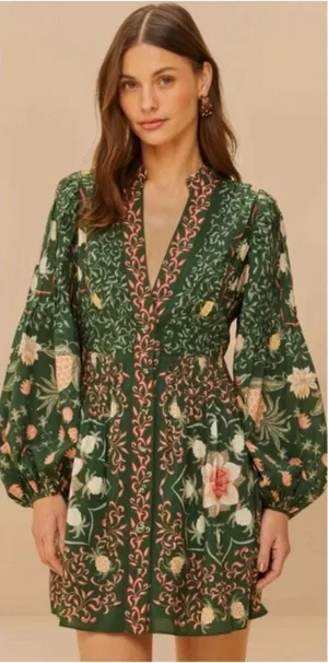 FARM Rio Green Pineapple Garden Long Sleeve Mini Dress M thumbnail 1