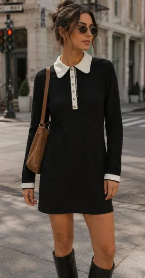 H&M Knitted Collared Dress Black White Long Sleeve Size M 60s Mod Parisian Chic thumbnail 1