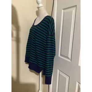 OFFLINE by Aerie Womens Waffle Knit Striped Oversized Top Navy Green Medium thumbnail 2