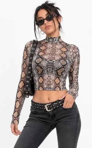 NWT Womens Y2K Mesh Snakeskin Crop Top Brown Mock Neck Sheer Long Sleeve Size M thumbnail 1