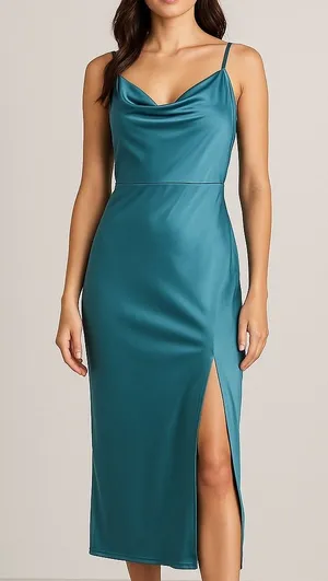 VENUS Teal Satin Slip Dress Size 8 Cowl Neck Adjustable‎ Straps Midi Slit Party thumbnail 1