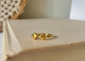 Two Hearts Gold Bow Petite Ring “Angel” Classic Girly Femme Band Stacking Neutral Jewelry thumbnail 4
