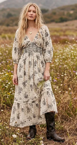 Free People Bohemian Billowy Ethereal Floral Golden Hour Maxi Dress Ivory Large thumbnail 1