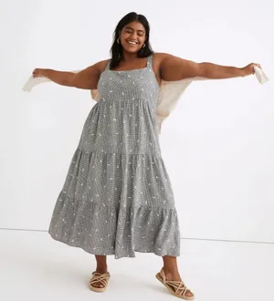 Madewell Embroidered Tiered Midi Plus Dress in Gingham Check Size 1X thumbnail 1