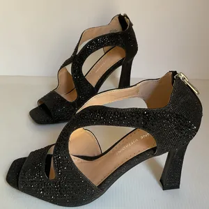 Adrienne Vittadini Black Glitter Heels Women Size 8.5 Strappy Open Toe Party thumbnail 3