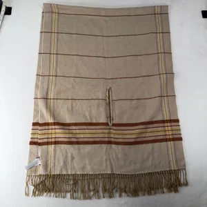 Madewell Placed Plaid Cape Scarf Poncho Fringe Armholes Beige Brown K4535 Preppy thumbnail 6